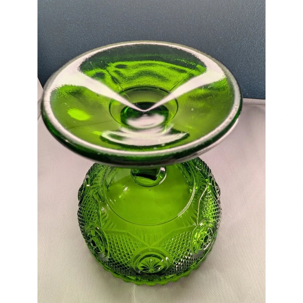 Vintage Emerald Glass Star And Punty Pedestal Compote Dish, Mid-Century